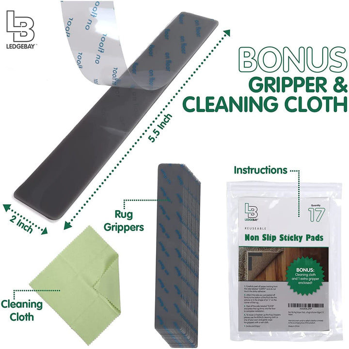 Rug Pad Grippers for Area Rugs - Pack of 17 Reusable - Ledgebay
