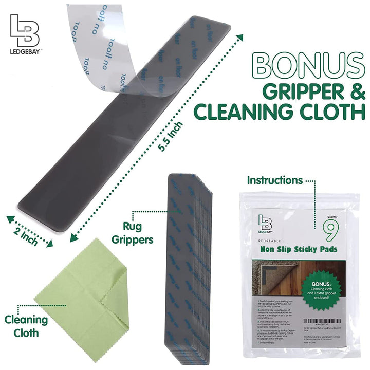 Rug Pad Grippers for Area Rugs - Pack of 9 Reusable - Ledgebay