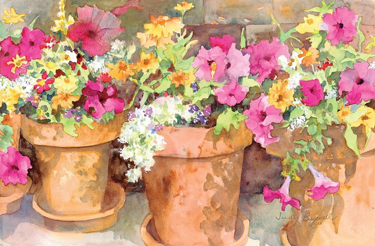 Paint by numbers canvas of potted petunias in terracotta pots