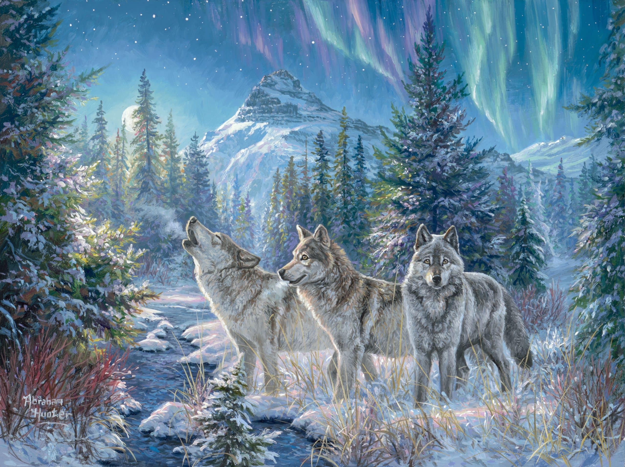 Paint by numbers canvas of two wolves in snow beneath northern lights