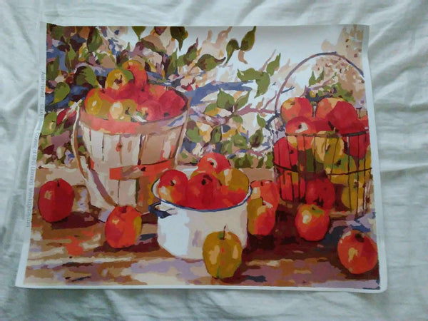 Apple Harvest paint by numbers completed by Rene B: baskets and buckets of red apples