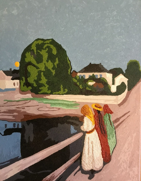 Paint by numbers completed by Barbara L: a village street with two figures walking past white houses