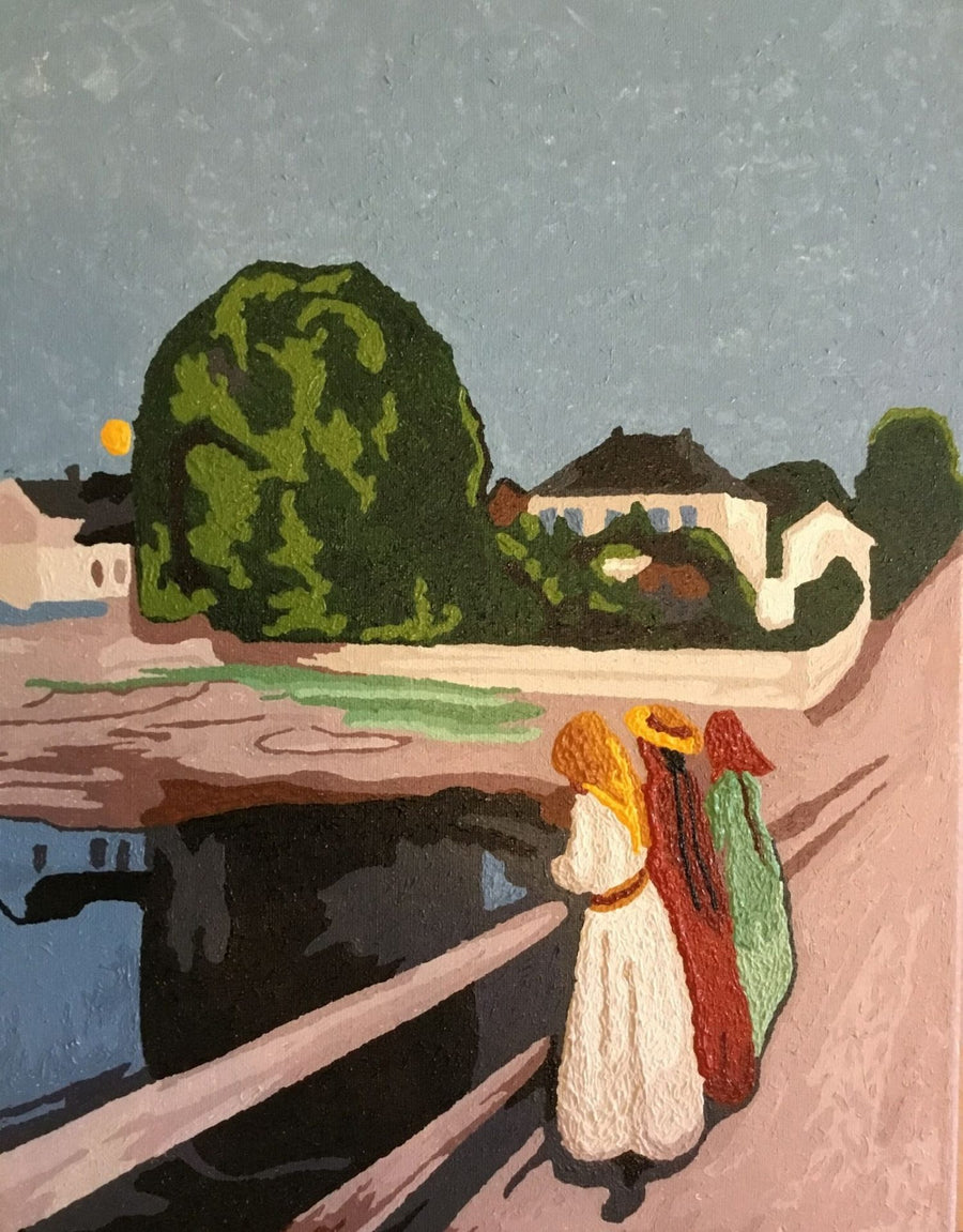 Paint by numbers completed by Barbara L: a village street with two figures walking past white houses
