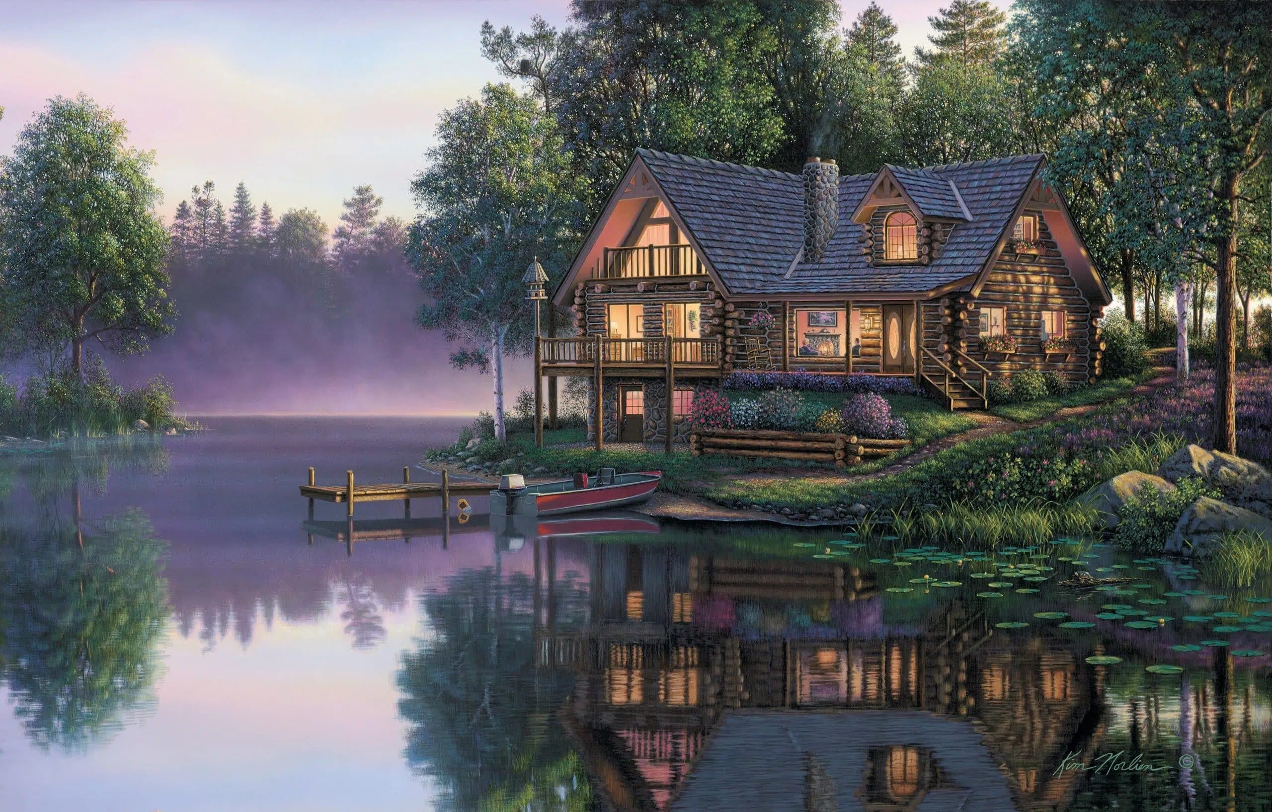 Paint by numbers canvas of a log cabin reflected in a still lake at dusk