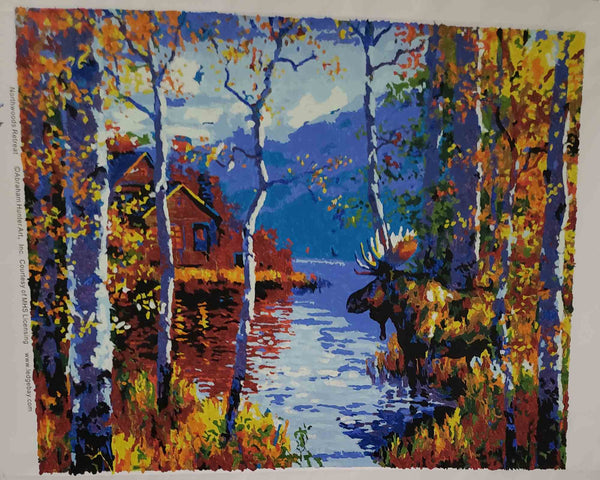 Northwoods Retreat paint by numbers completed by Cathryn V: a bull moose in a lake below a cabin among birches