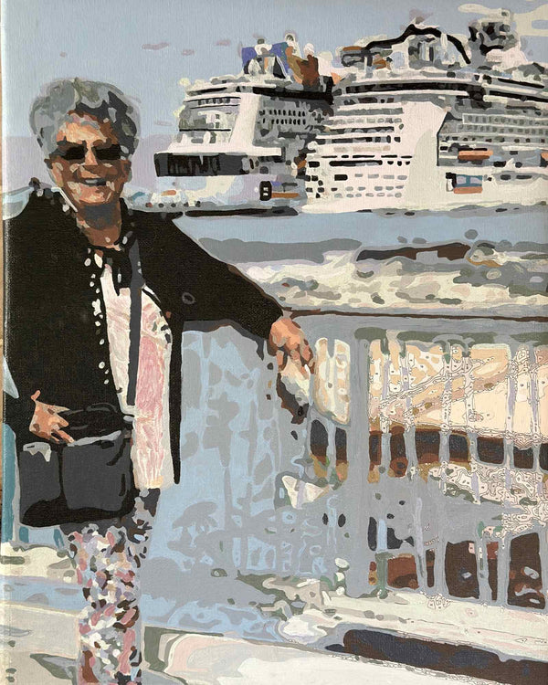 Custom paint by numbers made from Connie R's own photo: a woman at a cruise port with a ship behind her