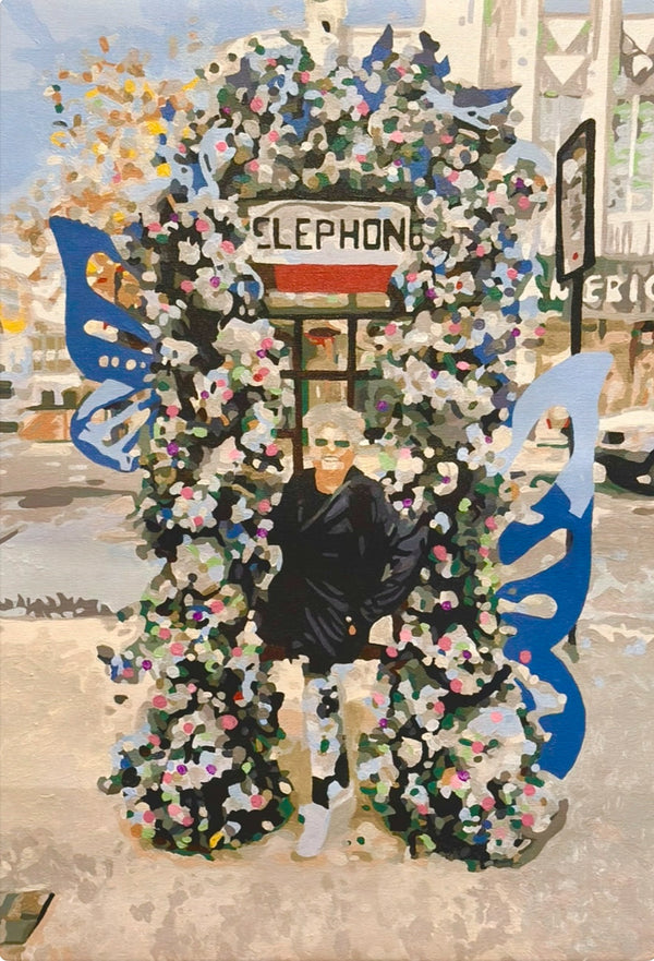 Custom paint by numbers made from Connie R's own photo: a flower-covered telephone box with butterfly wings either side