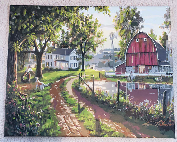 The Road Home paint by numbers completed by Dawn B: a farmhouse and red barn at the end of a dirt road