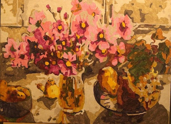 Cosmos from the Garden paint by numbers completed by Deborah G: pink cosmos in a glass vase beside pears and grapes