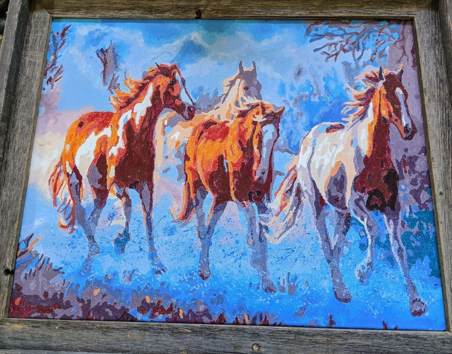 Paint by numbers completed by Drew G: three horses running together through shallow water
