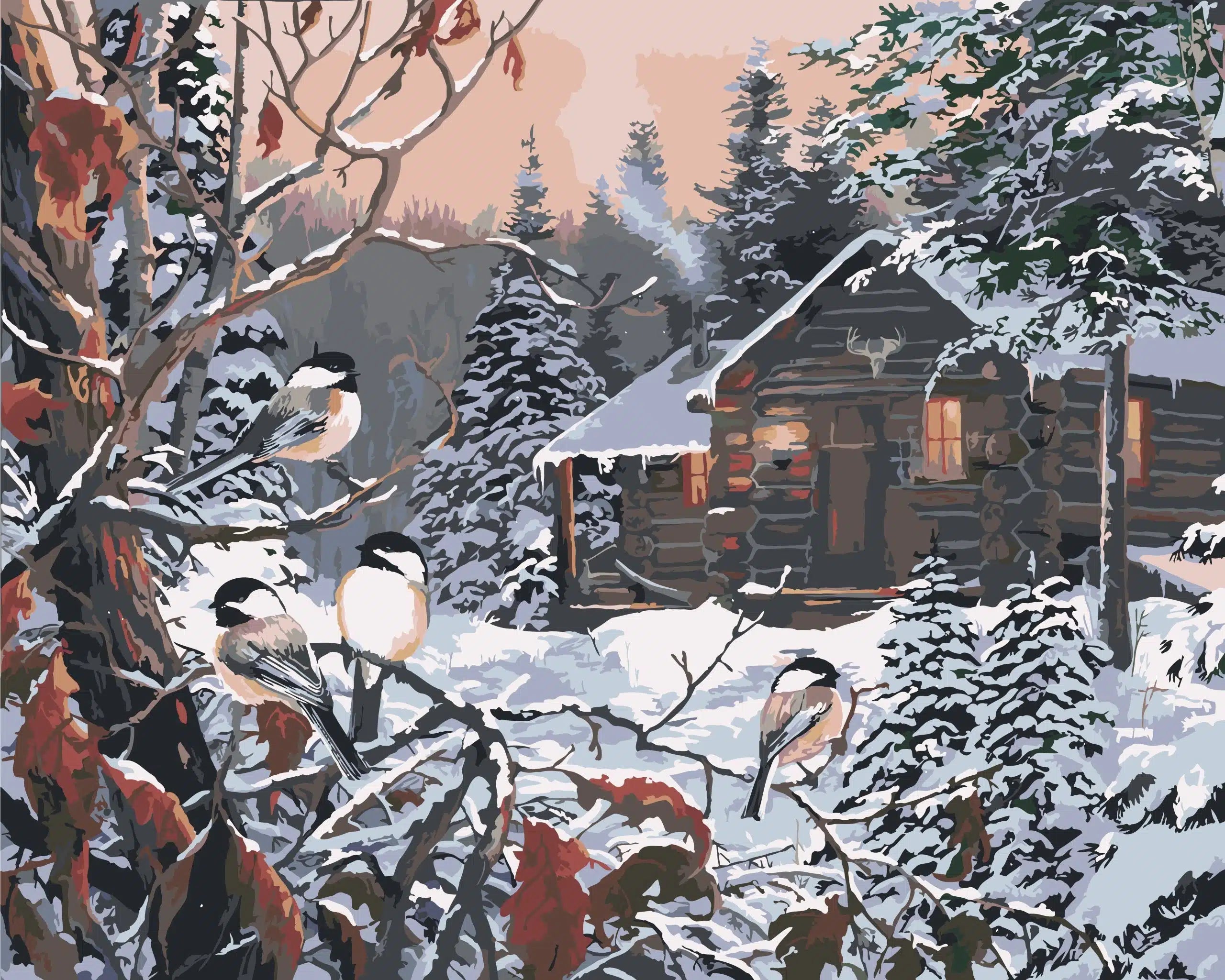 Paint by numbers canvas of a snow-covered log cabin with chickadees on the branches