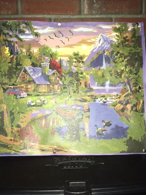 Mountain Paradise paint by numbers completed by Guy: a lakeside lodge below a waterfall