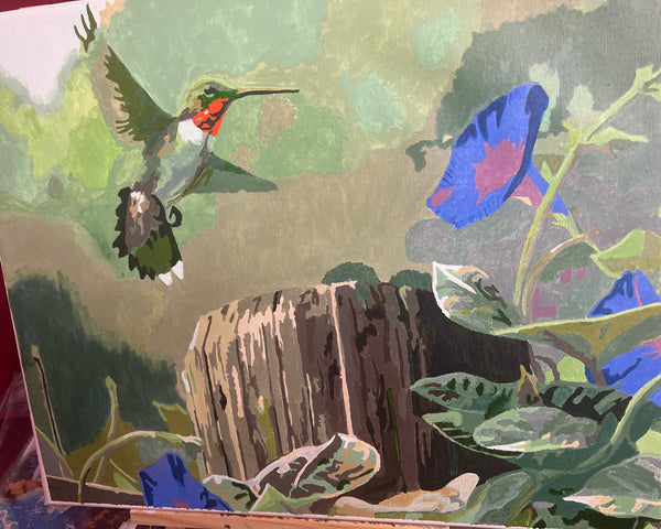 Hummingbird paint by numbers completed by Rachel: a hummingbird at purple morning glories on a fence post
