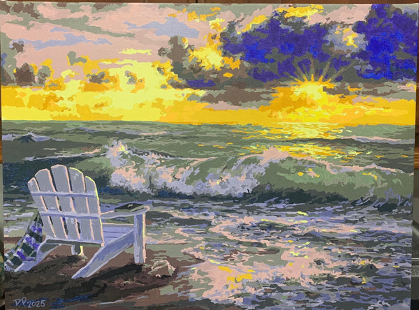 Paint by numbers completed by Danielle: two Adirondack chairs on the sand as waves break at sunset