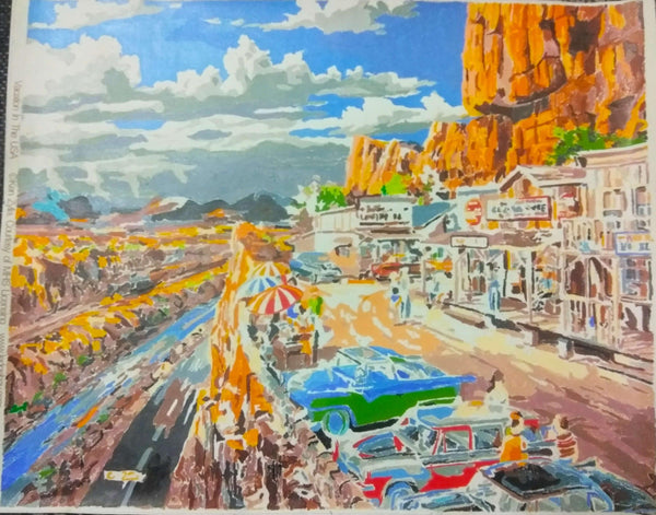 Paint by numbers completed by Subhash Hirve: a canyon town main street under red rock cliffs