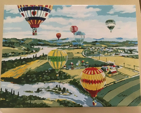 Paint by numbers completed by Ian T: hot air balloons rising over patchwork fields