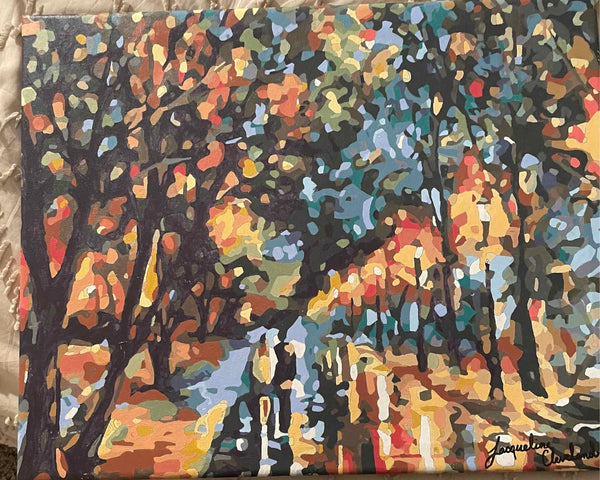 Paint by numbers completed by Jacqueline C: two figures on an autumn park path