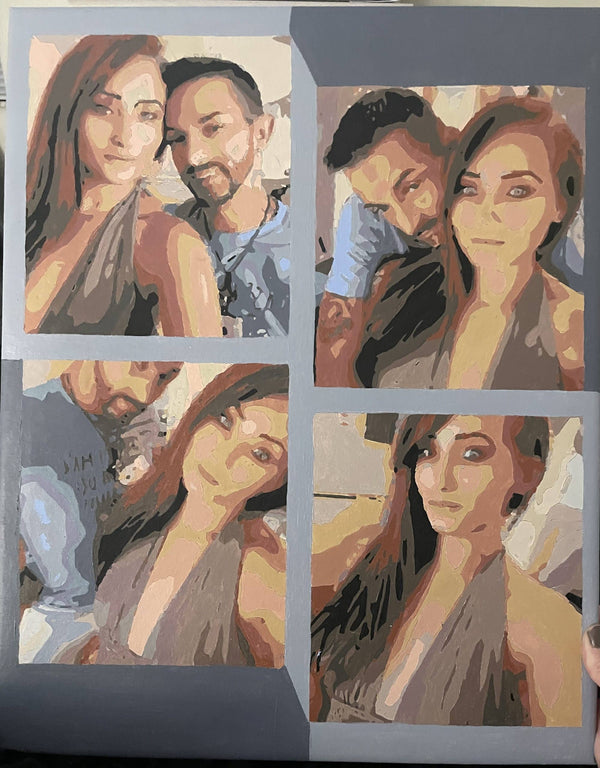 Custom paint by numbers made from Jacqueline C's own photo: a set of portrait panels of the same couple
