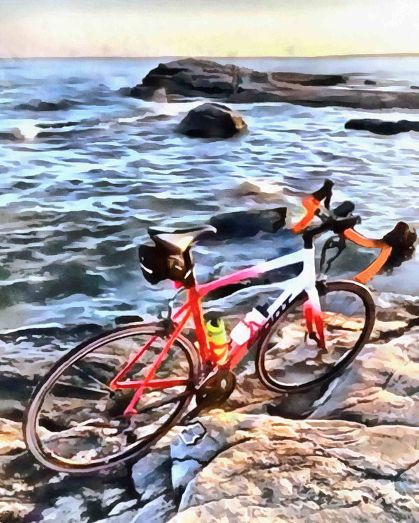 Custom paint by numbers made from Jaime R's own photo: a red road bike propped on rocks beside the water