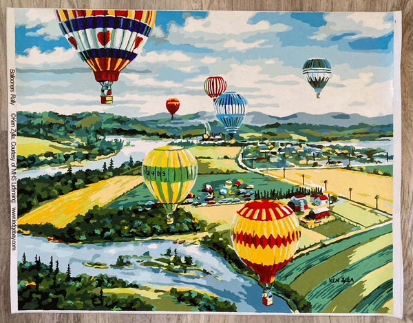 Paint by numbers completed by Jane W: hot air balloons drifting over farmland