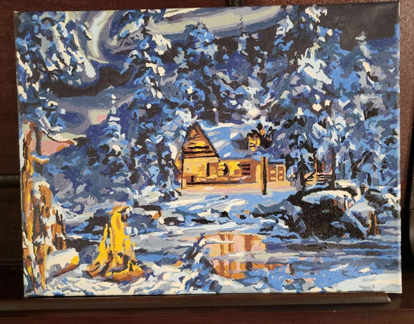 Aurora Bliss paint by numbers completed by Judith: a lit cabin in snowy pines beside a campfire under the northern lights