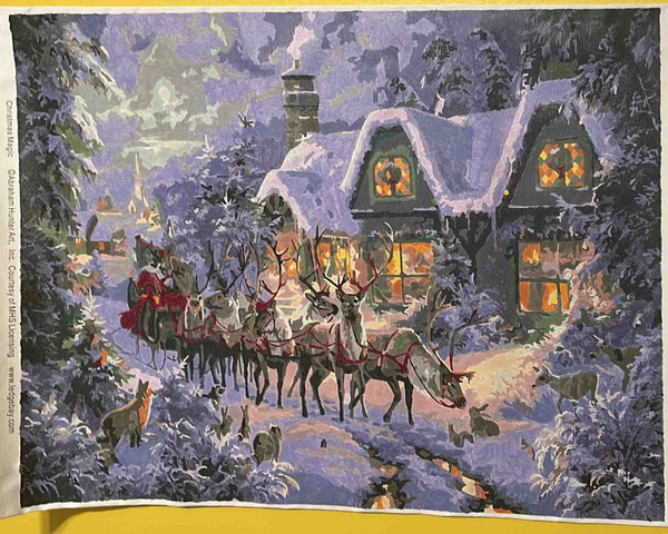 Christmas Magic paint by numbers completed by Kathleen M: Santa's sleigh and reindeer outside a snowbound cottage
