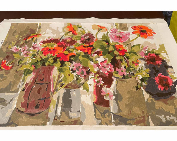 October paint by numbers completed by Kathleen M: autumn flowers gathered in ceramic pitchers