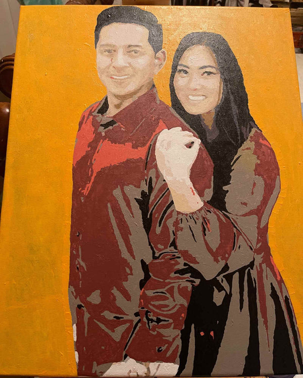 Custom paint by numbers made from Lilia S's own photo: a portrait of a couple against a warm orange background
