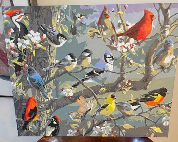 Orchard Puzzle paint by numbers completed by Manon: songbirds in an apple tree in blossom
