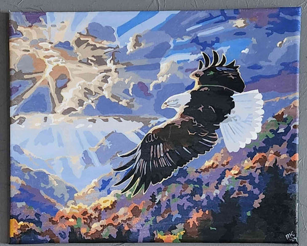 Paint by numbers completed by MaryBeth: a bald eagle soaring above mountains