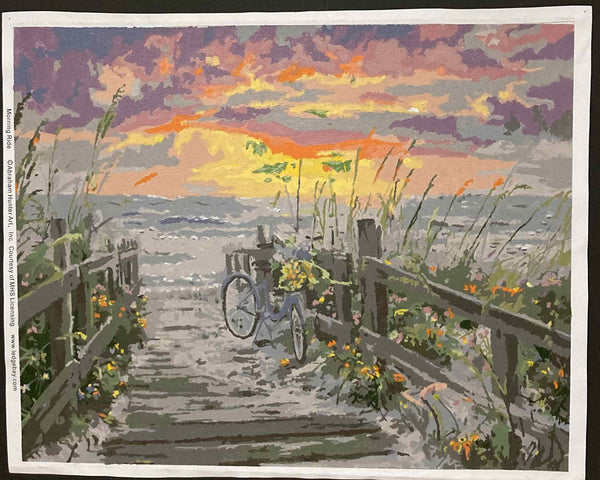 Morning Ride paint by numbers completed by Debra: a bicycle leaning on a fence at the top of a beach path at sunrise