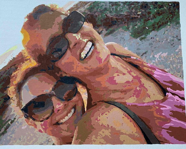 Custom paint by numbers made from Nicole H's own photo: two women in sunglasses leaning together in the sun