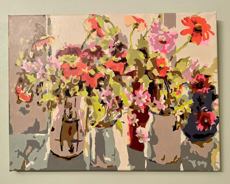 October paint by numbers completed by Vicki C: autumn flowers gathered in ceramic pitchers