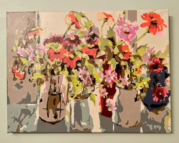 October paint by numbers completed by Vicki C: autumn flowers gathered in ceramic pitchers