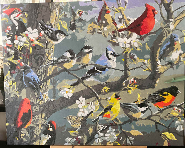 Orchard Puzzle paint by numbers completed by Tim H: songbirds in an apple tree in blossom