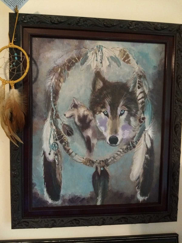 Paint by numbers completed by Pam C: a wolf framed inside a dreamcatcher