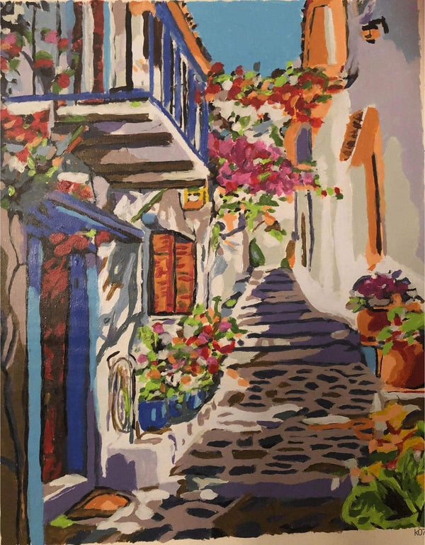 Paint by numbers completed by Ruth T: a flower-lined alley climbing a flight of stone steps