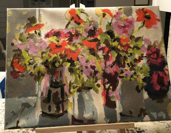 October paint by numbers completed by Ruth T: autumn flowers gathered in ceramic pitchers
