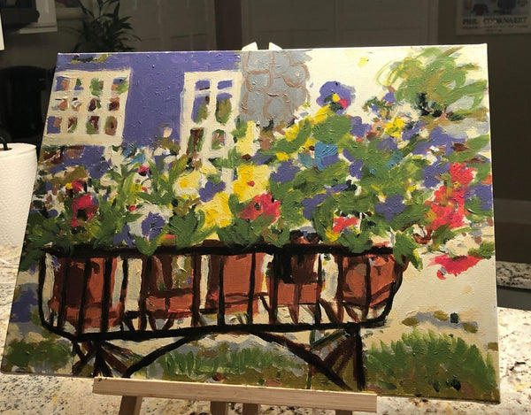 Rita's Pansies paint by numbers completed by Ruth T: pansies in terracotta pots on a garden cart