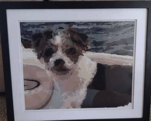 Custom paint by numbers made from Sally Jo's own photo: a small white and brown dog, framed