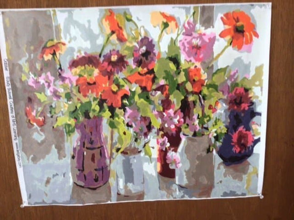 October paint by numbers completed by Sally R: autumn flowers gathered in ceramic pitchers