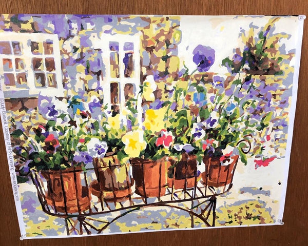 Rita's Pansies paint by numbers completed by Sally R: pansies in terracotta pots on a garden cart
