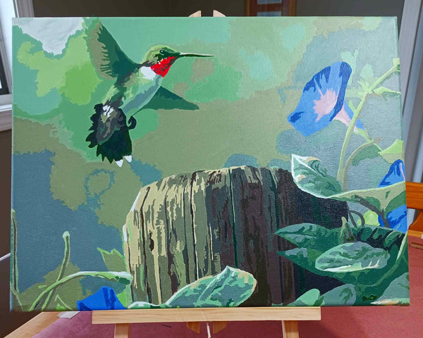 Hummingbird paint by numbers completed by Sandi K: a hummingbird at purple morning glories on a fence post