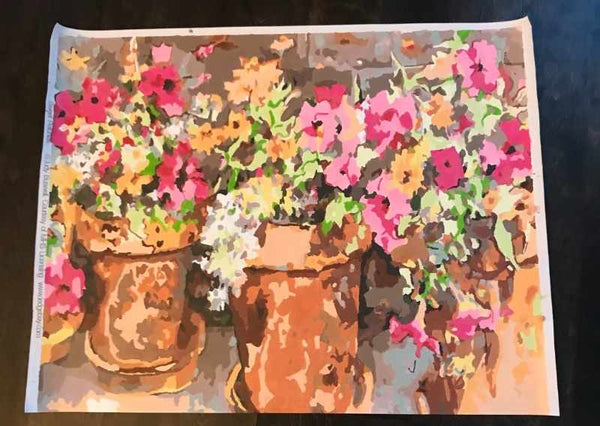 Sweet Petunias paint by numbers completed by Sandi: petunias spilling from terracotta pots