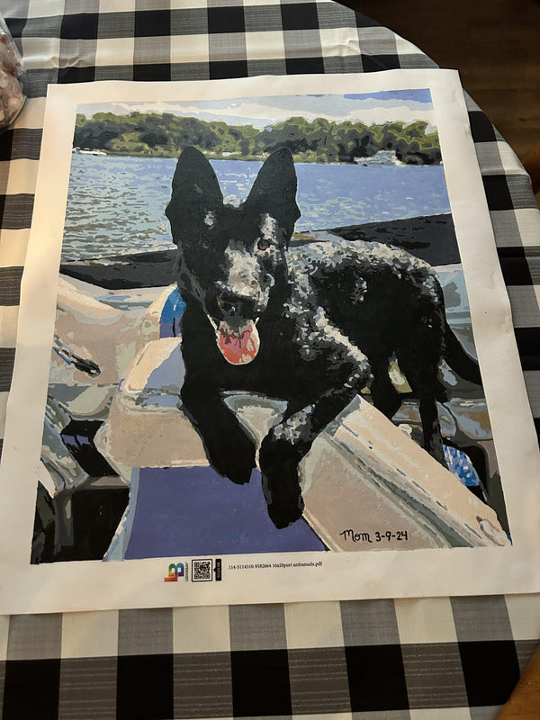 Custom paint by numbers made from Sharon K's own photo: a black dog sitting on a dock by a lake