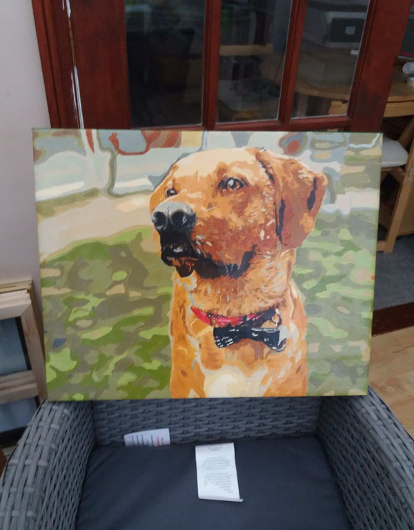 Custom paint by numbers made from Sue M's own photo: a yellow labrador wearing a bow tie