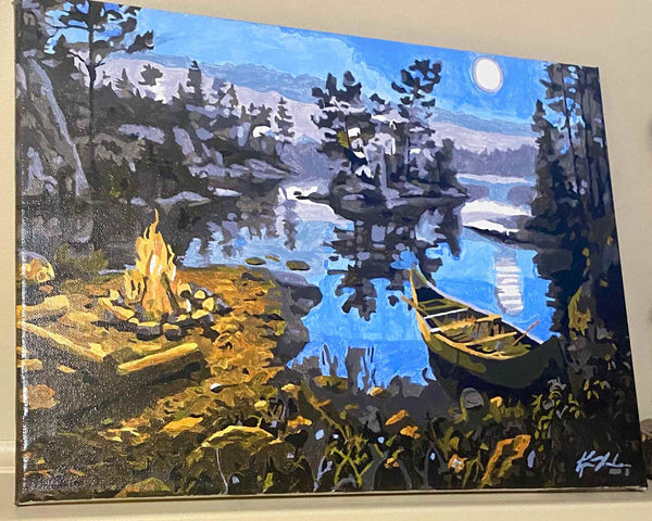 Moonlight Bay paint by numbers completed by Tammie S: a canoe and a campfire on a moonlit lake