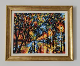 Paint by numbers completed by a customer: a gold-framed avenue of autumn birches