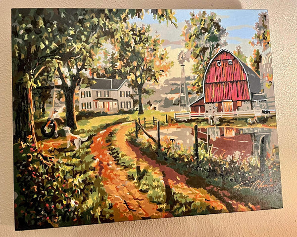 The Road Home paint by numbers completed by Vicki C: a farmhouse and red barn at the end of a dirt road