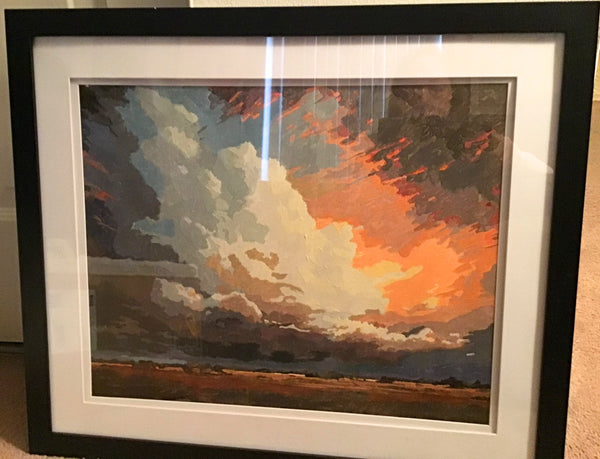 Custom paint by numbers made from Janet O's own photo: clouds breaking over open water at sunset, framed